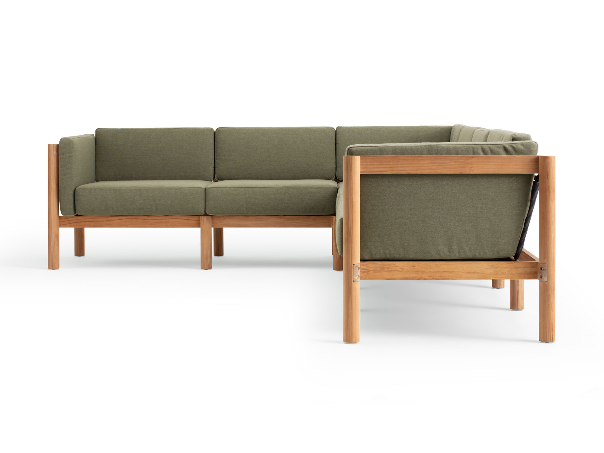 Side view of 6-piece outdoor sectional with green arm cushions